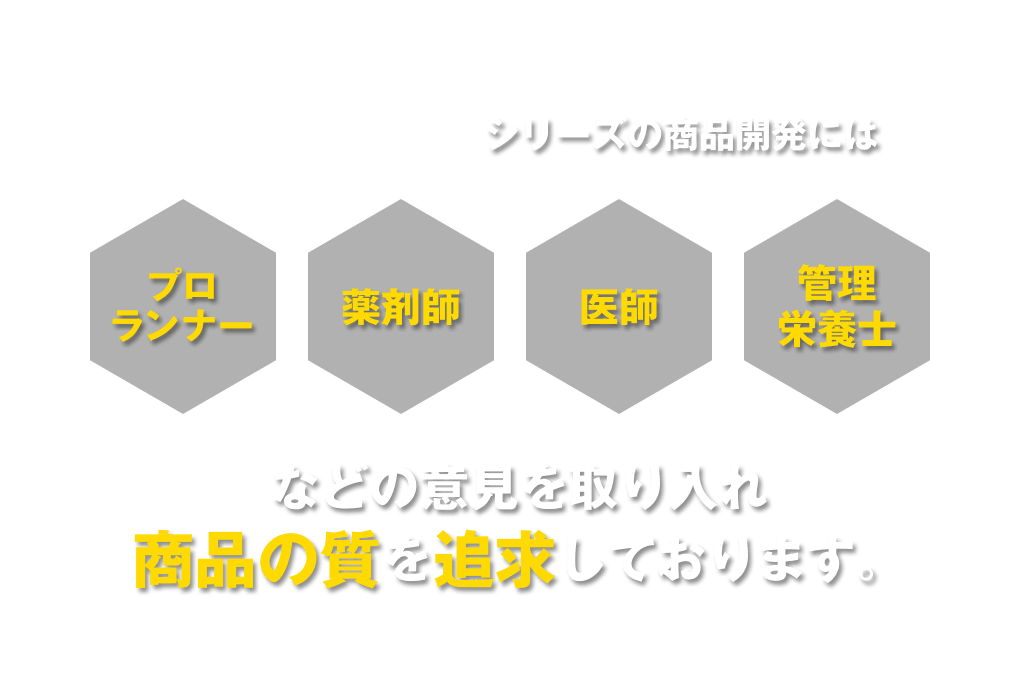 SAURUSシリーズの商品開発にはプロランナー・薬剤師・医師・管理栄養士などの意見を取り入れ商品の品質を追求しております。