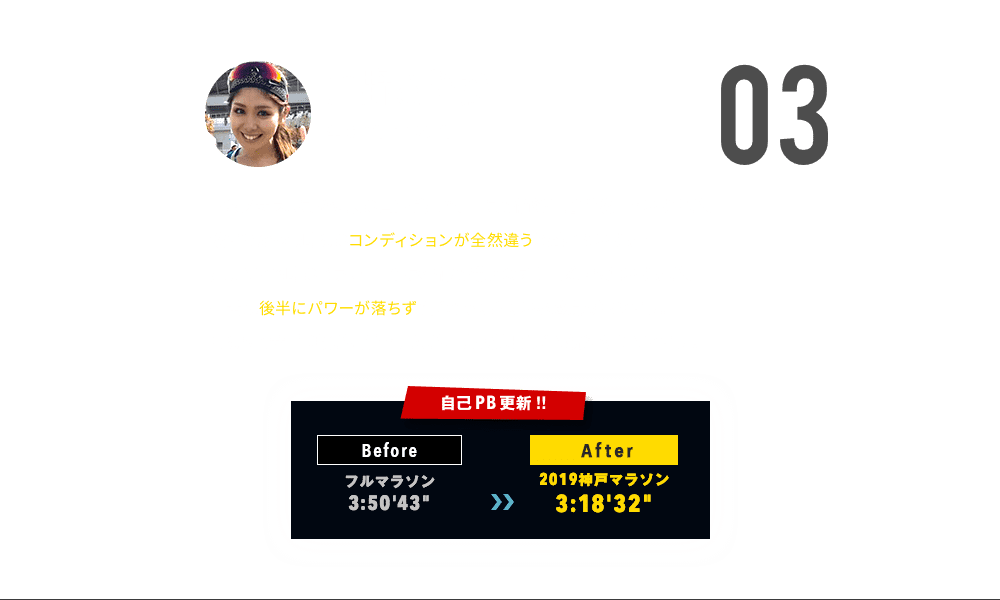 芦野さやか アミノサウルスを週末のロング走やレースの前後に必ず飲んでいますが、飲まなかった時との回復スピードが違うなと感じています！走っている時の疲労感や体の動きのスムーズさもまったく違いますが一番は後半にパワーが落ちず強くなってきている感覚があります。もともとサプリ類が苦手でしたが、味も美味しくて続けられています！